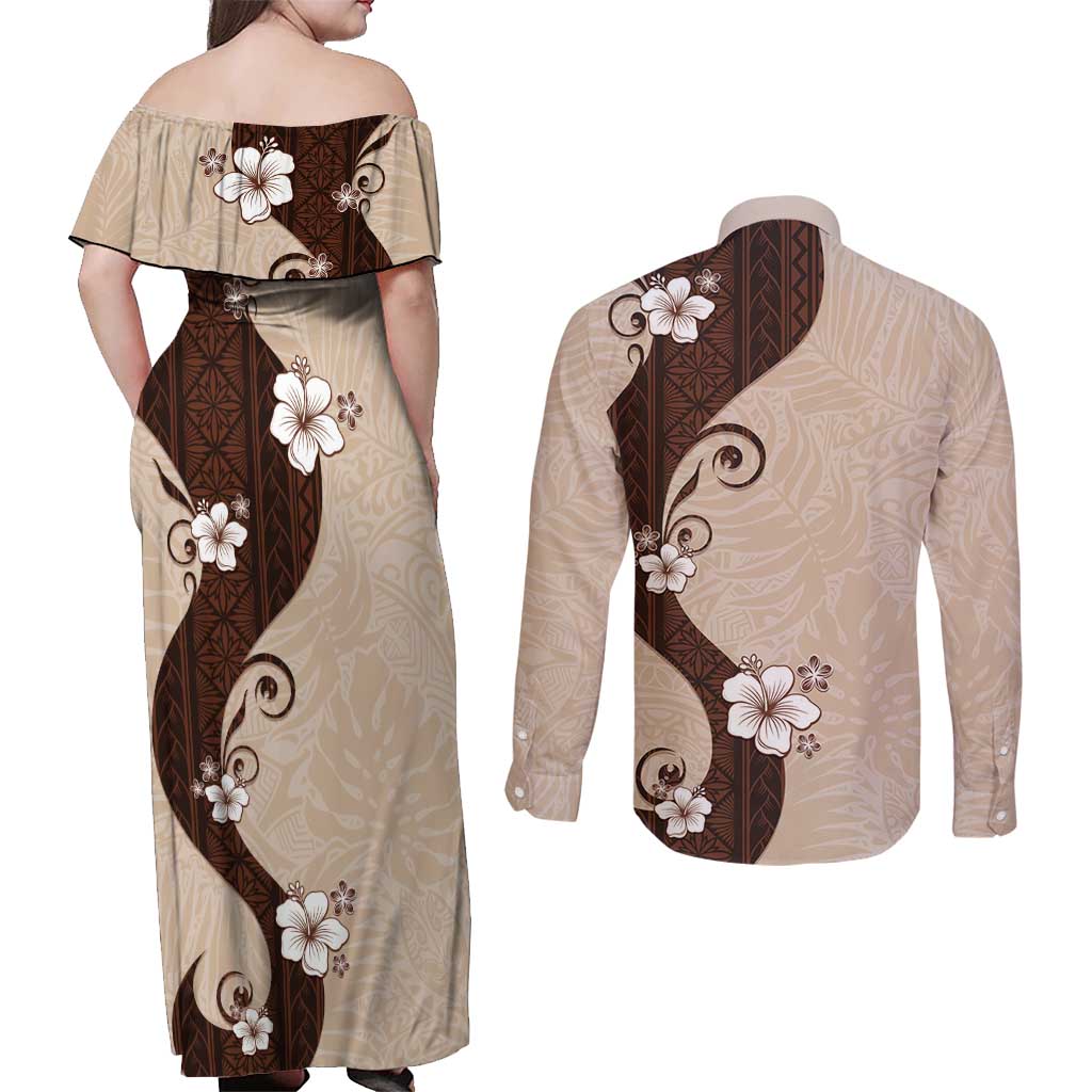 Polynesia Hibiscus Couples Matching Off Shoulder Maxi Dress and Long Sleeve Button Shirt Cameo Curve Motif LT05 - Polynesian Pride