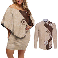Polynesia Hibiscus Couples Matching Off Shoulder Short Dress and Long Sleeve Button Shirt Cameo Curve Motif - Polynesian Pride