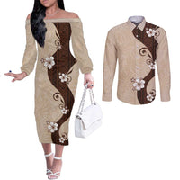 Polynesia Hibiscus Couples Matching Off The Shoulder Long Sleeve Dress and Long Sleeve Button Shirt Cameo Curve Motif LT05 Beige - Polynesian Pride