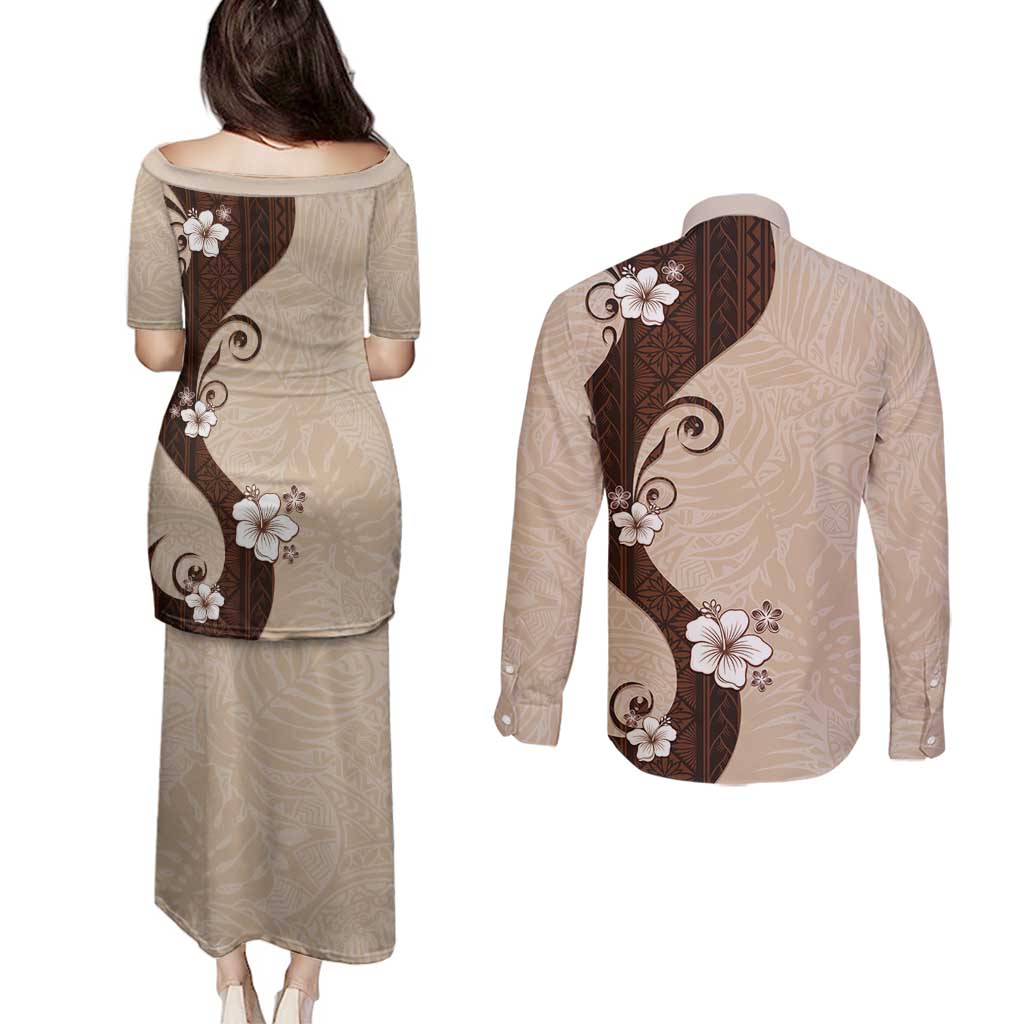 Polynesia Hibiscus Couples Matching Puletasi and Long Sleeve Button Shirt Cameo Curve Motif LT05 - Polynesian Pride