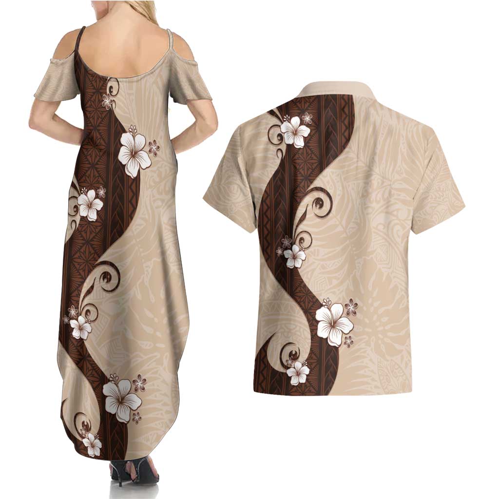 Polynesia Hibiscus Couples Matching Summer Maxi Dress and Hawaiian Shirt Cameo Curve Motif - Polynesian Pride