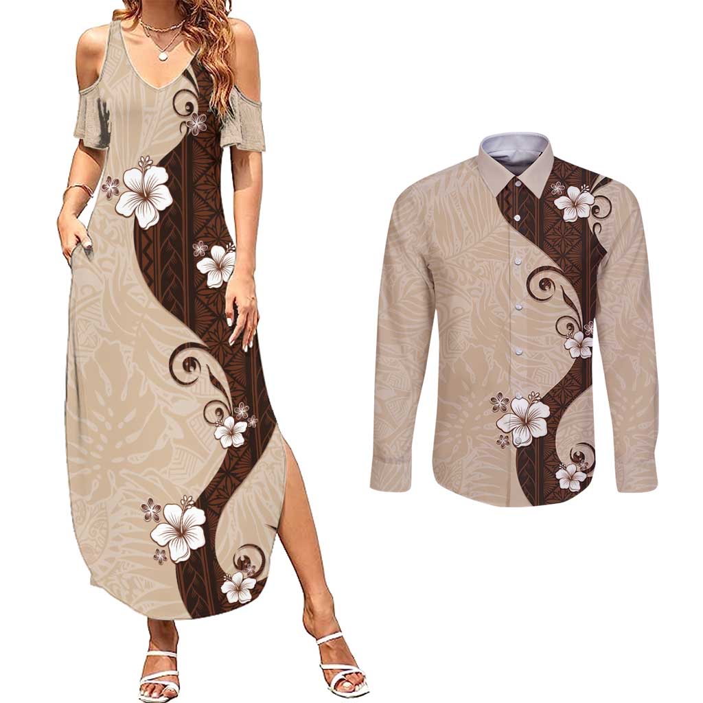 Polynesia Hibiscus Couples Matching Summer Maxi Dress and Long Sleeve Button Shirt Cameo Curve Motif LT05 Beige - Polynesian Pride
