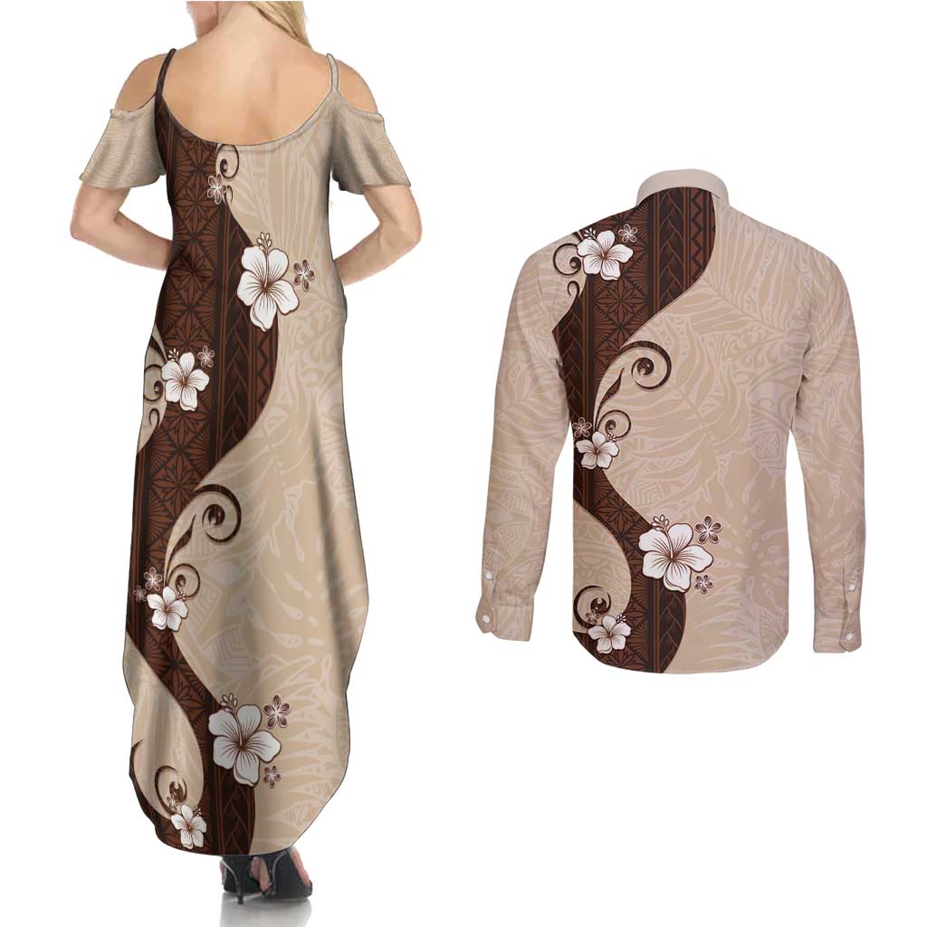 Polynesia Hibiscus Couples Matching Summer Maxi Dress and Long Sleeve Button Shirt Cameo Curve Motif LT05 - Polynesian Pride