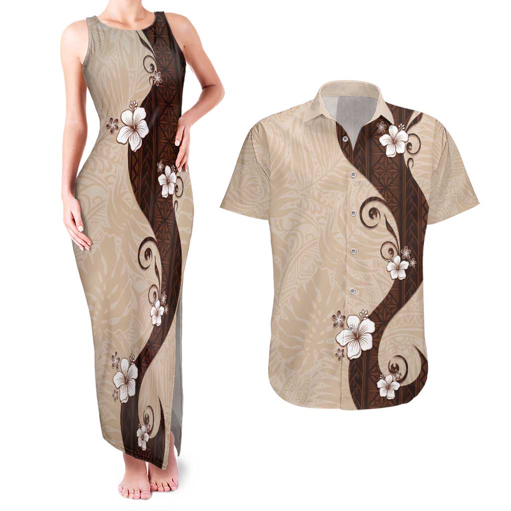 Polynesia Hibiscus Couples Matching Tank Maxi Dress and Hawaiian Shirt Cameo Curve Motif - Polynesian Pride