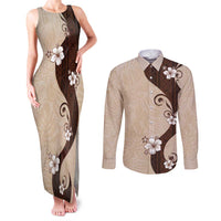 Polynesia Hibiscus Couples Matching Tank Maxi Dress and Long Sleeve Button Shirt Cameo Curve Motif LT05 Beige - Polynesian Pride