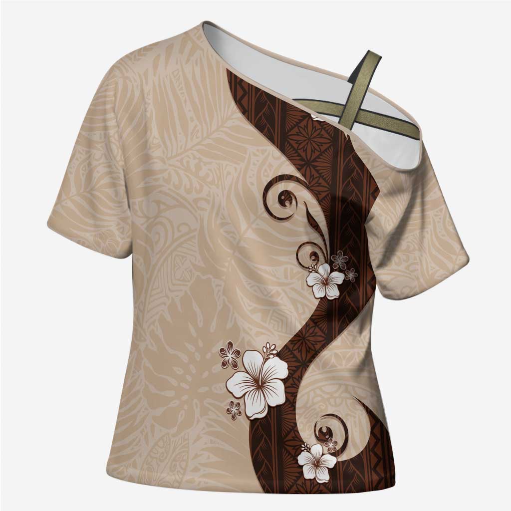 Polynesia Hibiscus Cross Shoulder Shirt Cameo Curve Motif LT05 Female Beige - Polynesian Pride