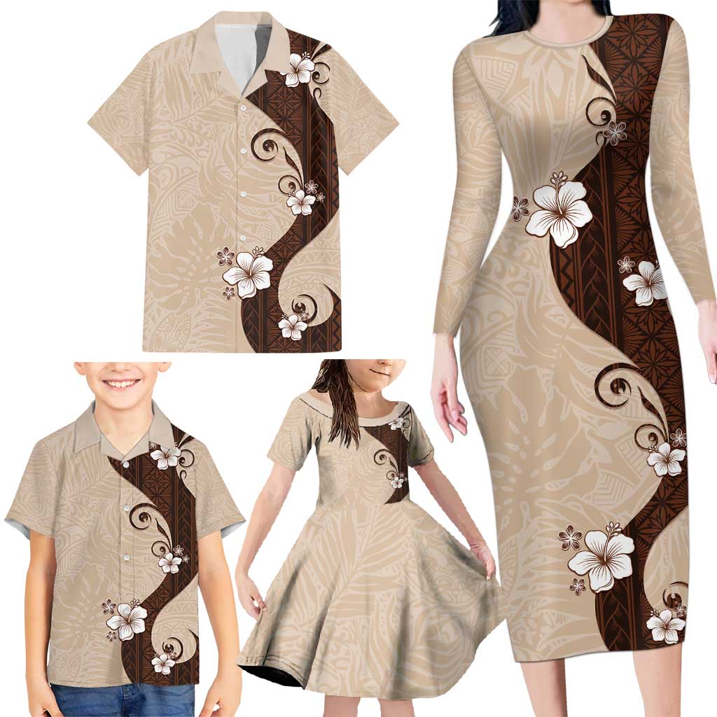 Polynesia Hibiscus Family Matching Long Sleeve Bodycon Dress and Hawaiian Shirt Cameo Curve Motif - Polynesian Pride