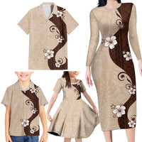 Polynesia Hibiscus Family Matching Long Sleeve Bodycon Dress and Hawaiian Shirt Cameo Curve Motif - Polynesian Pride