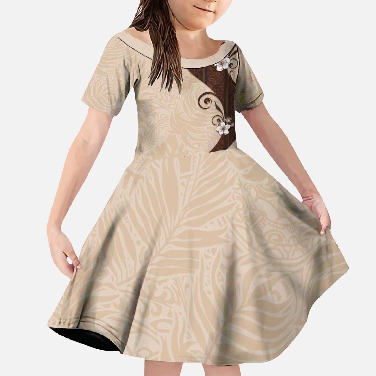 Polynesia Hibiscus Family Matching Off The Shoulder Long Sleeve Dress and Hawaiian Shirt Cameo Curve Motif - Polynesian Pride