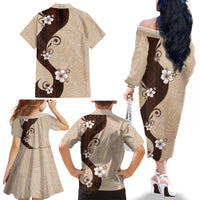 Polynesia Hibiscus Family Matching Off The Shoulder Long Sleeve Dress and Hawaiian Shirt Cameo Curve Motif - Polynesian Pride