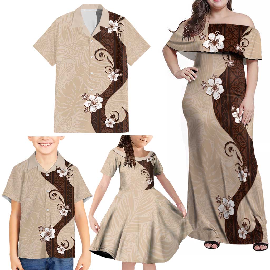 Polynesia Hibiscus Family Matching Off Shoulder Maxi Dress and Hawaiian Shirt Cameo Curve Motif - Polynesian Pride