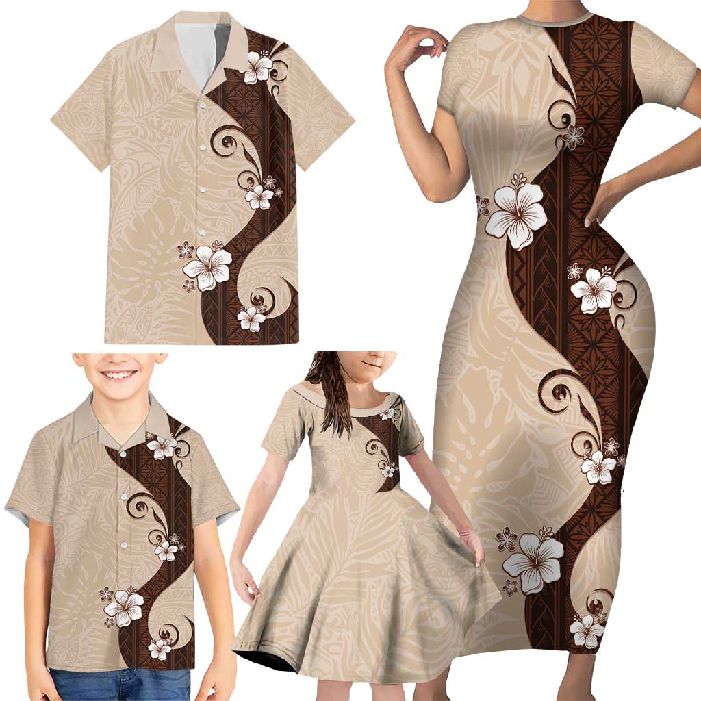 Polynesia Hibiscus Family Matching Short Sleeve Bodycon Dress and Hawaiian Shirt Cameo Curve Motif - Polynesian Pride