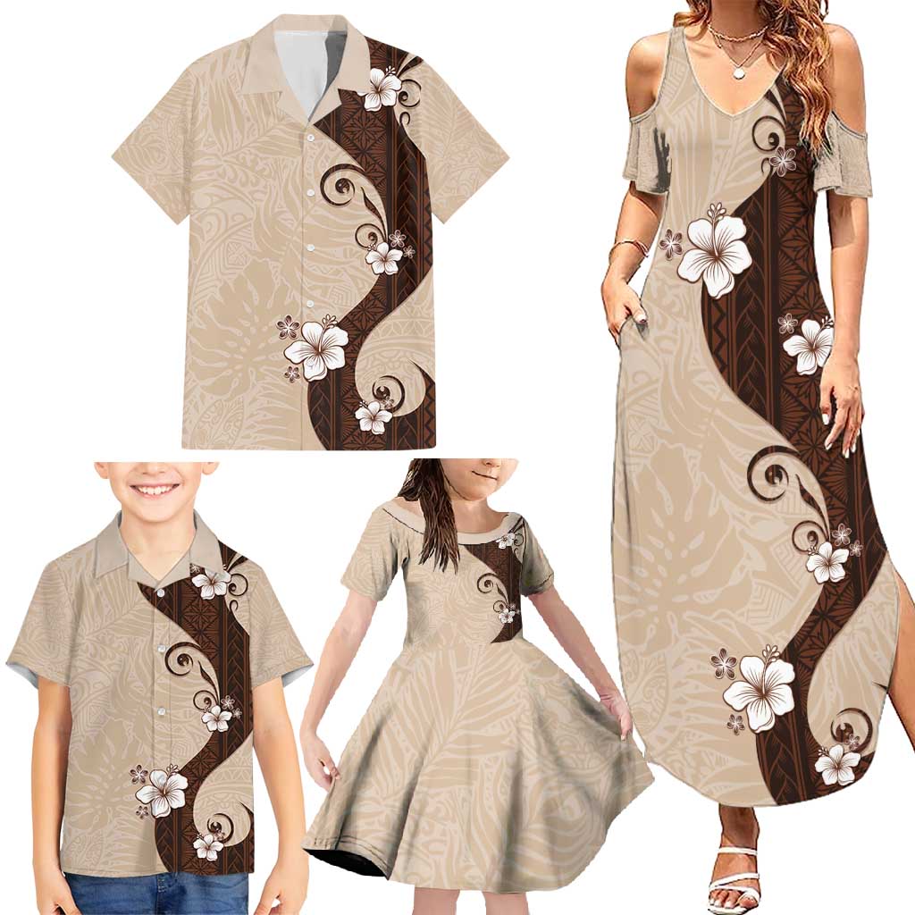 Polynesia Hibiscus Family Matching Summer Maxi Dress and Hawaiian Shirt Cameo Curve Motif - Polynesian Pride