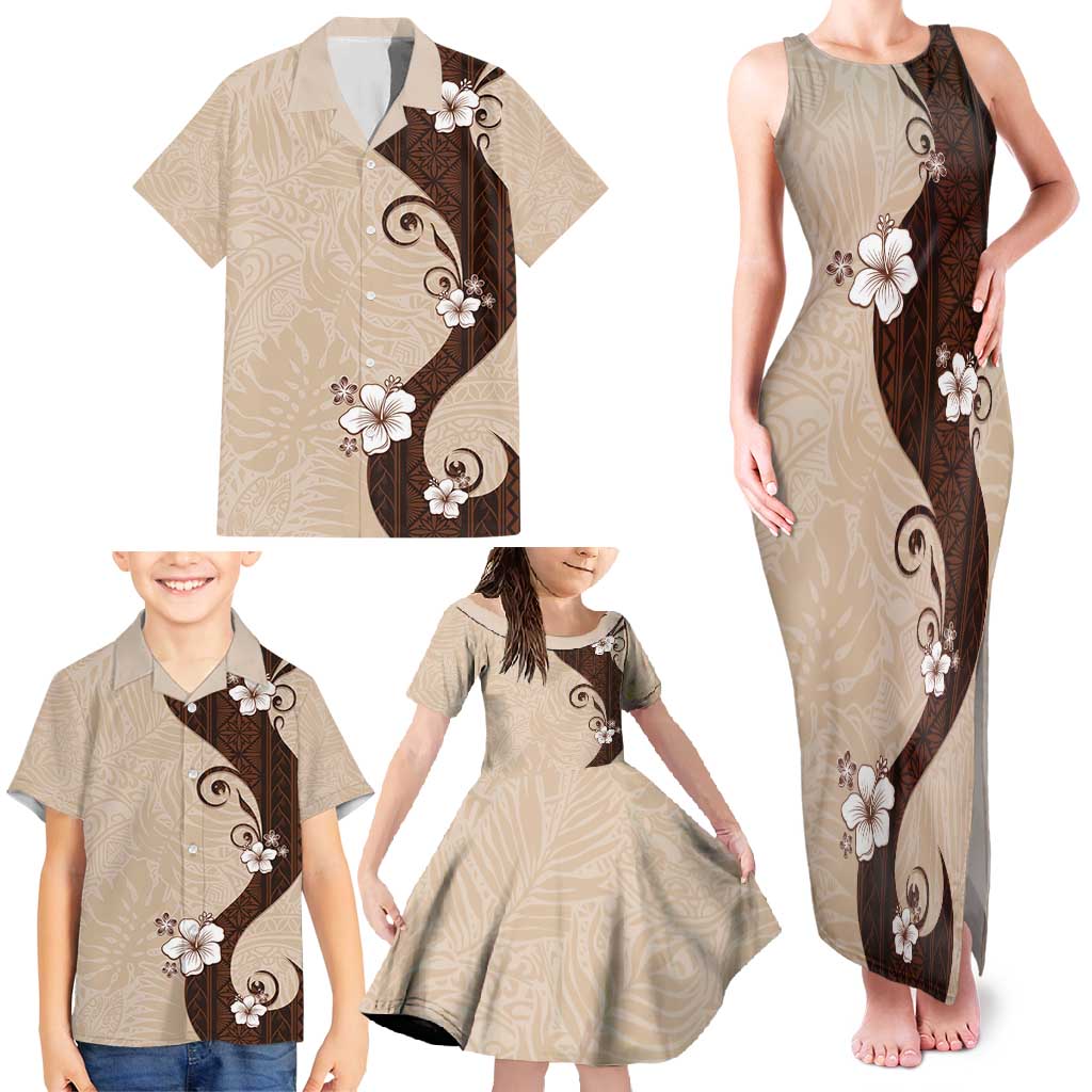 Polynesia Hibiscus Family Matching Tank Maxi Dress and Hawaiian Shirt Cameo Curve Motif - Polynesian Pride