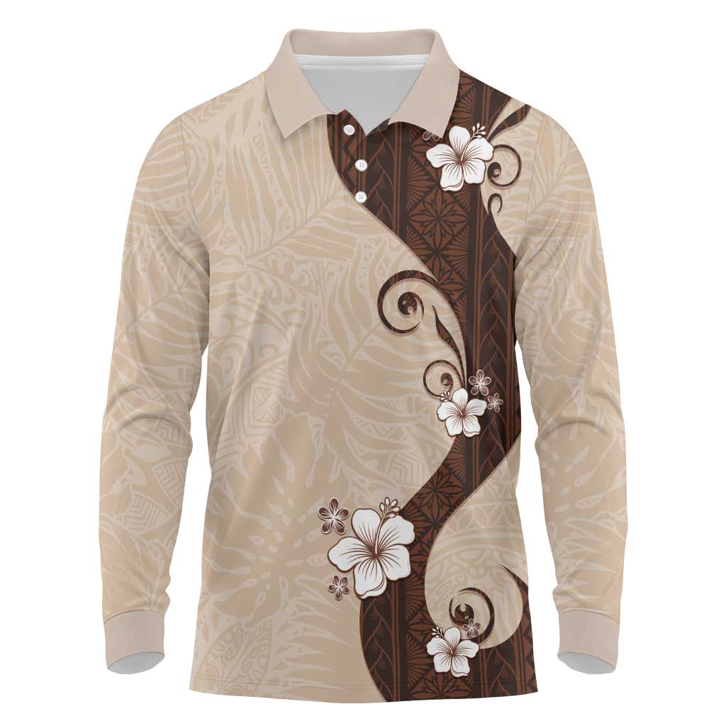 Polynesia Hibiscus Long Sleeve Polo Shirt Cameo Curve Motif LT05 Beige - Polynesian Pride
