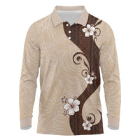 Polynesia Hibiscus Long Sleeve Polo Shirt Cameo Curve Motif LT05 Beige - Polynesian Pride