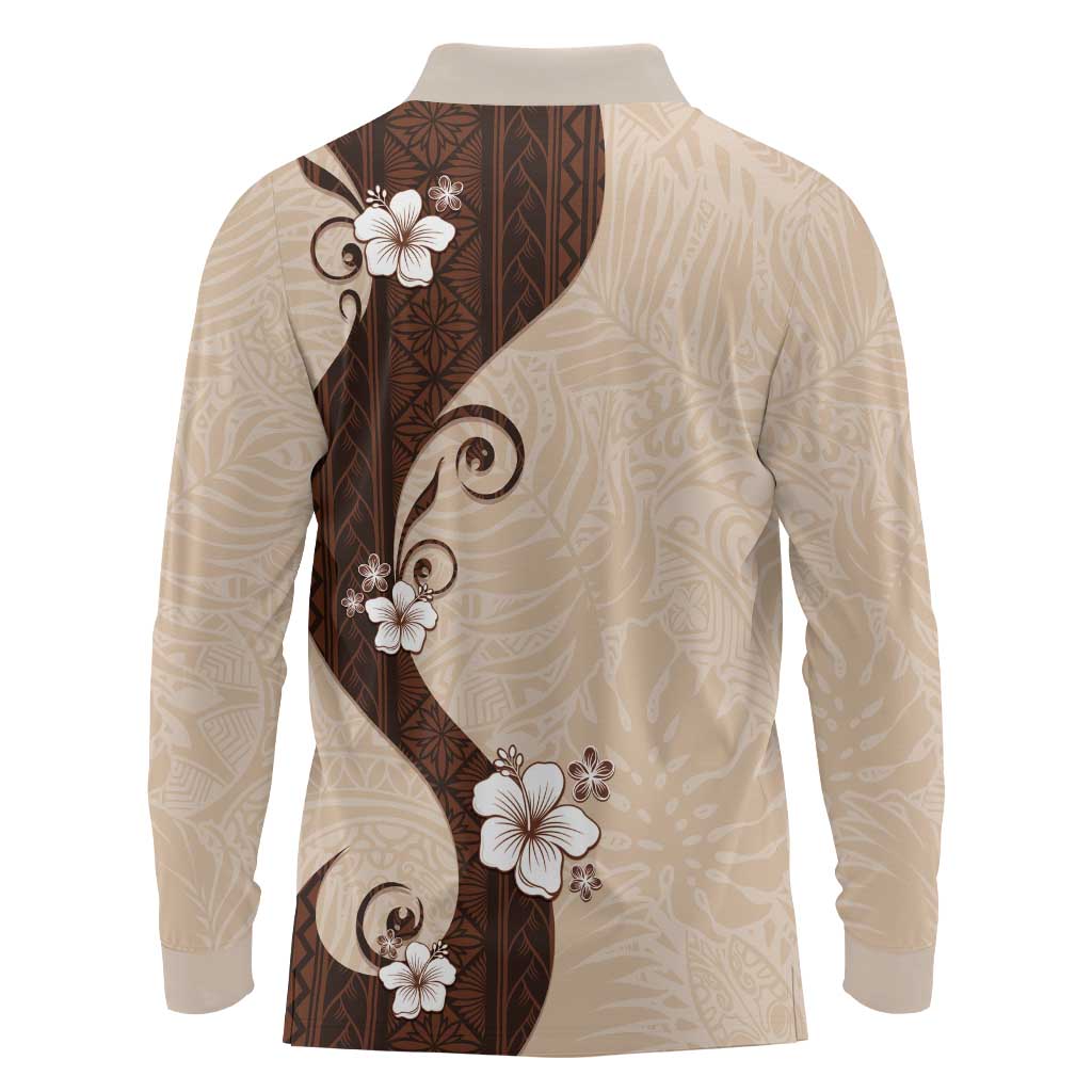 Polynesia Hibiscus Long Sleeve Polo Shirt Cameo Curve Motif LT05 - Polynesian Pride