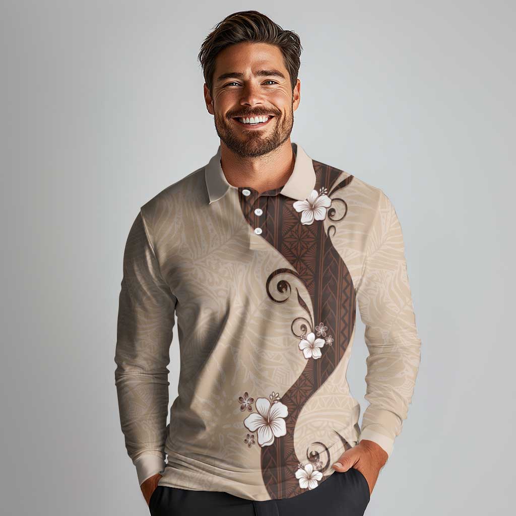 Polynesia Hibiscus Long Sleeve Polo Shirt Cameo Curve Motif LT05 - Polynesian Pride