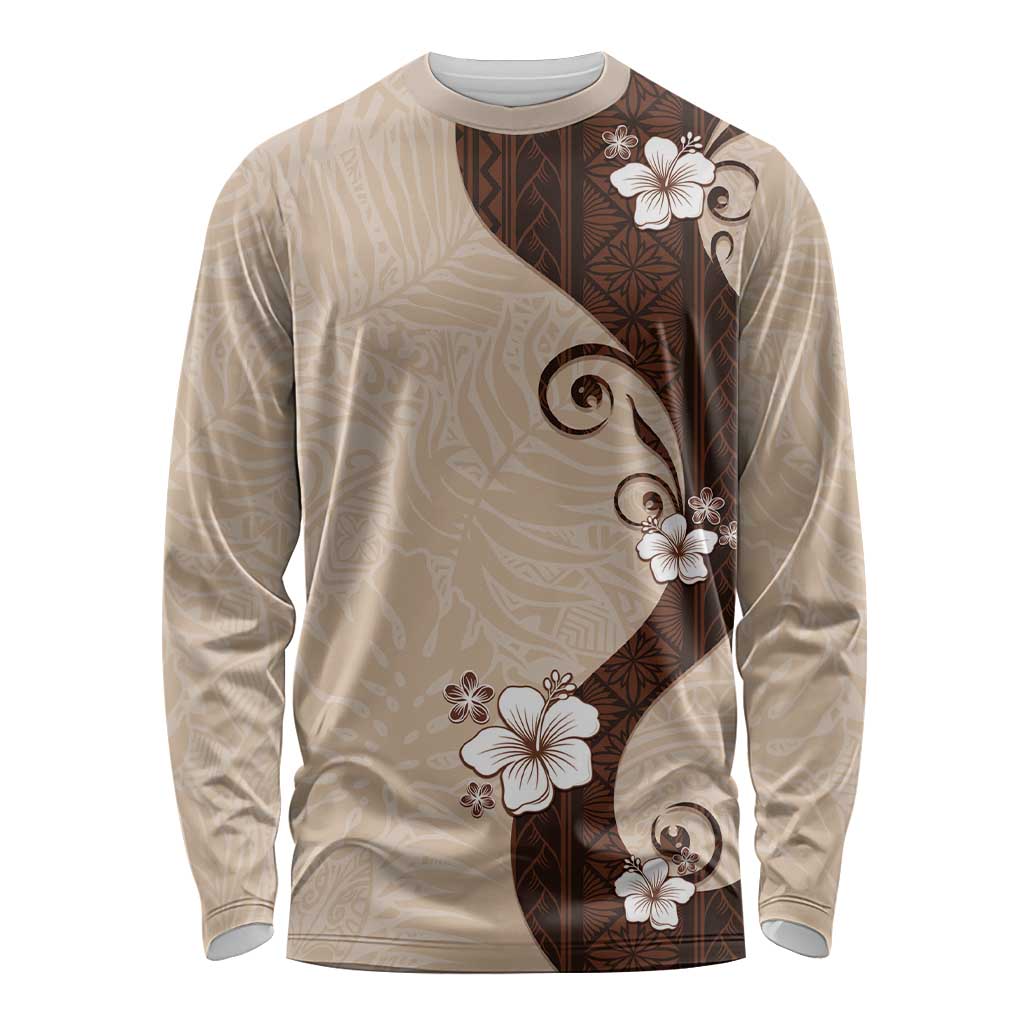 Polynesia Hibiscus Long Sleeve Shirt Cameo Curve Motif LT05 Unisex Beige - Polynesian Pride