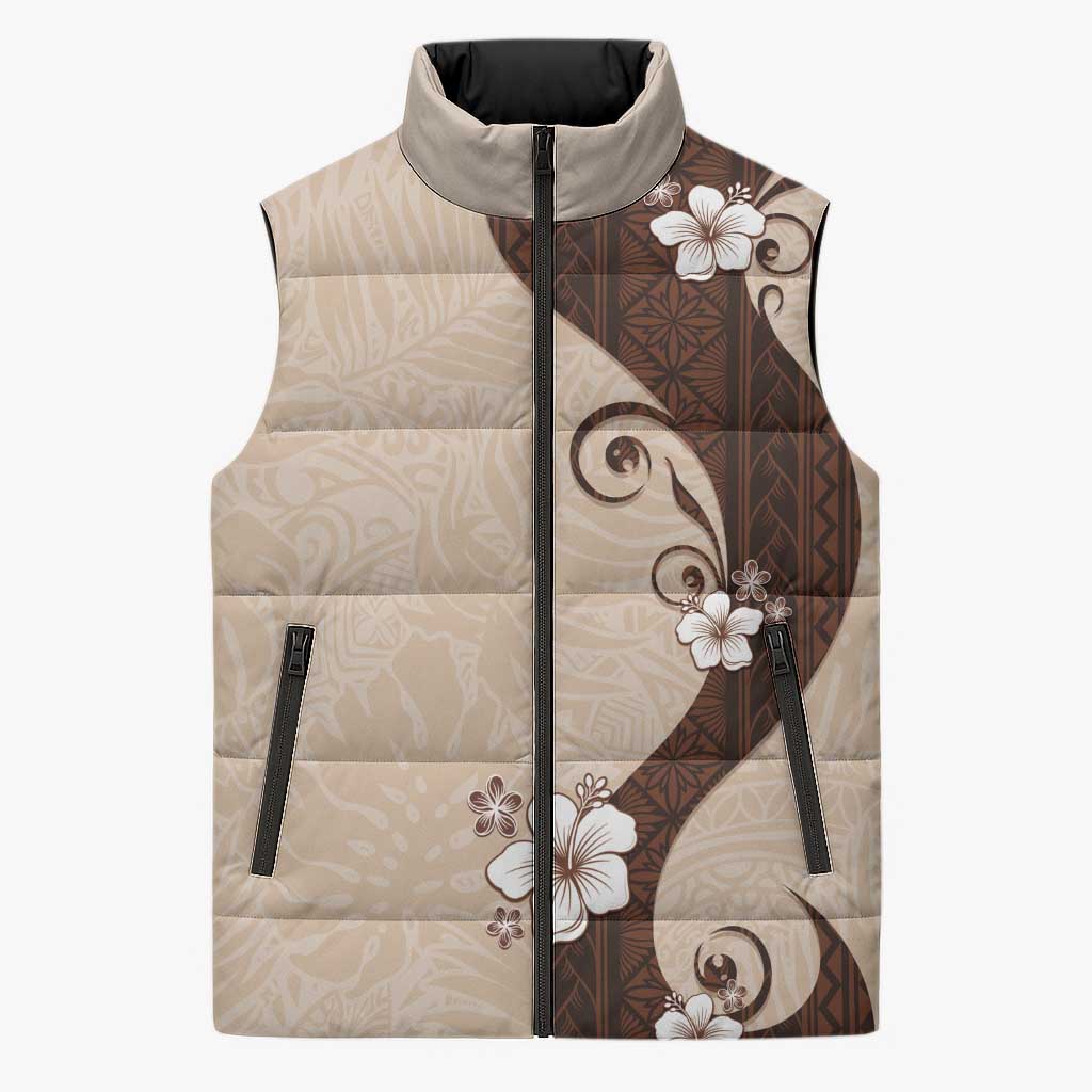 Polynesia Hibiscus Sleeveless Puffer Jacket Cameo Curve Motif LT05 Unisex Beige - Polynesian Pride