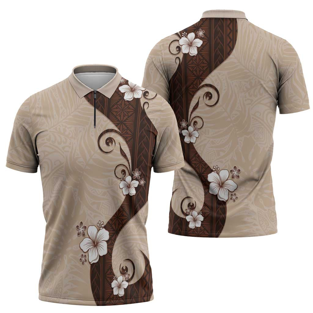 Polynesia Hibiscus Zipper Polo Shirt Cameo Curve Motif LT05 - Polynesian Pride