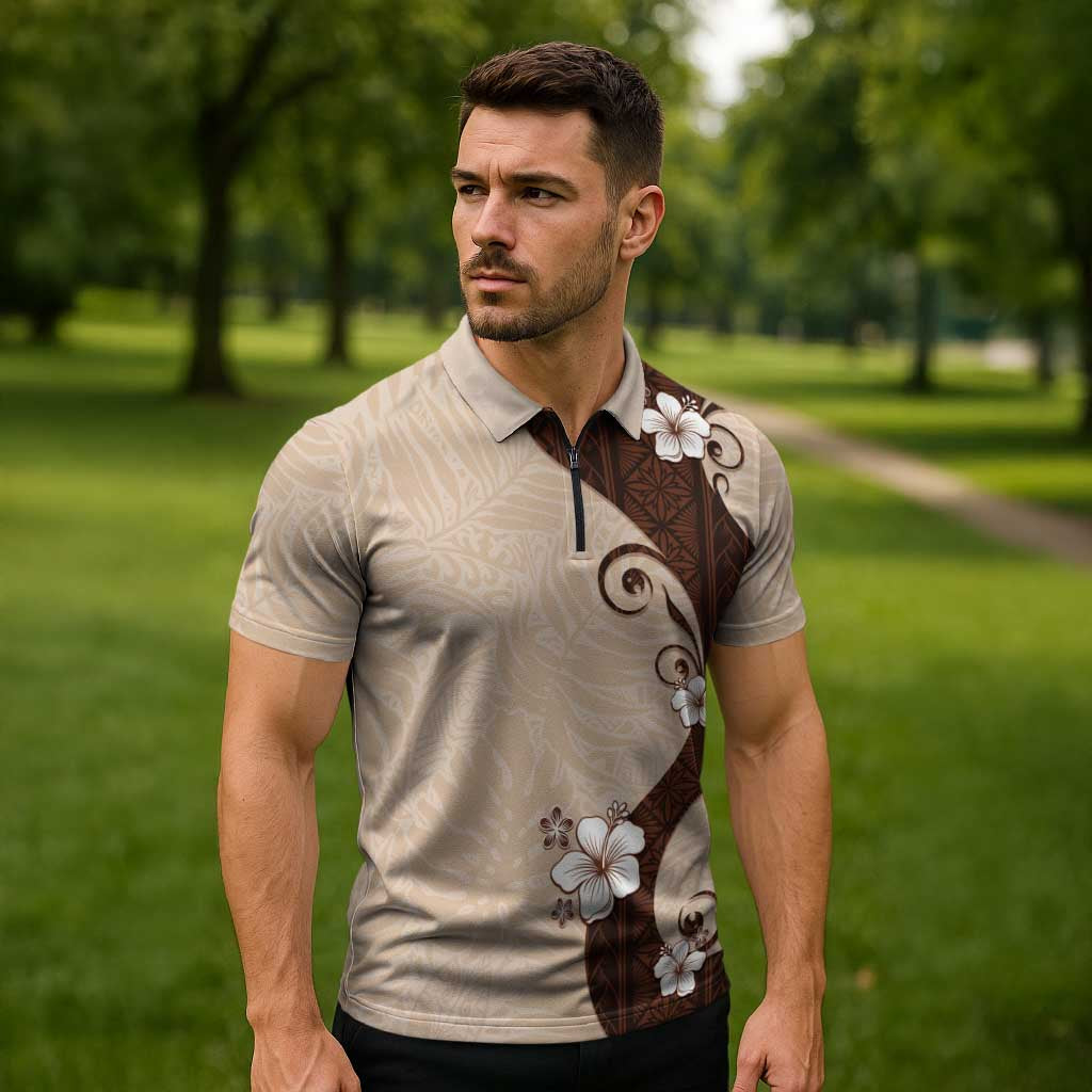 Polynesia Hibiscus Zipper Polo Shirt Cameo Curve Motif LT05 - Polynesian Pride