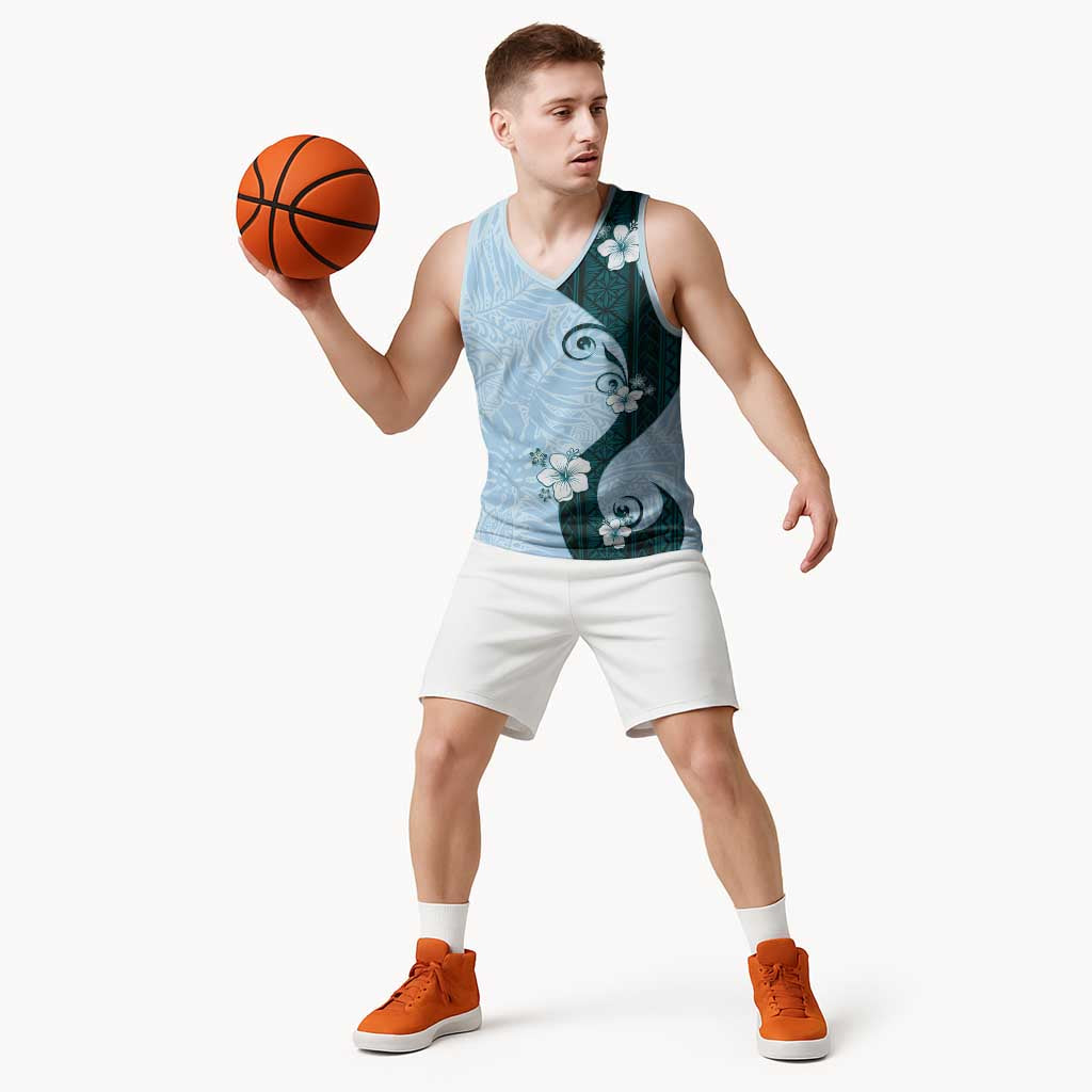 Polynesia Hibiscus Basketball Jersey Sky Blue Curve Motif LT05 - Polynesian Pride