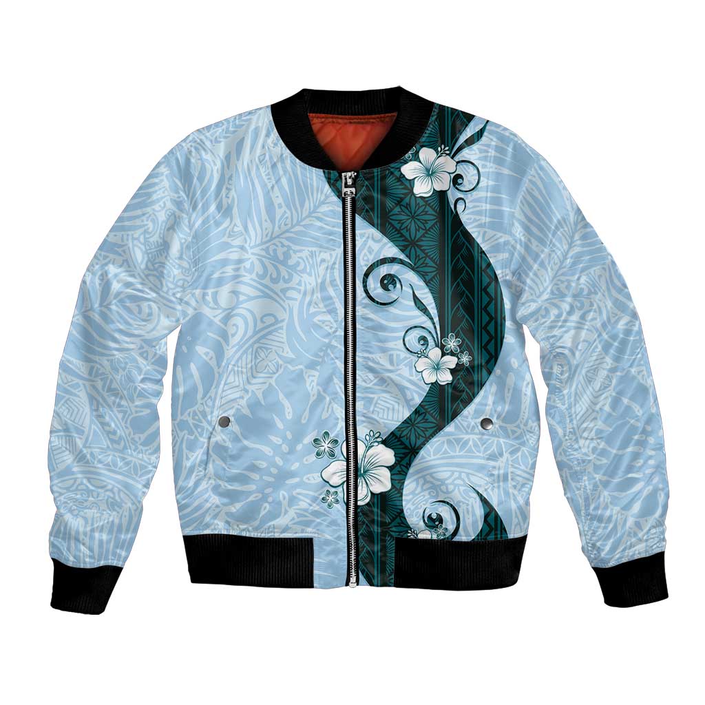 Polynesia Hibiscus Bomber Jacket Sky Blue Curve Motif - Polynesian Pride