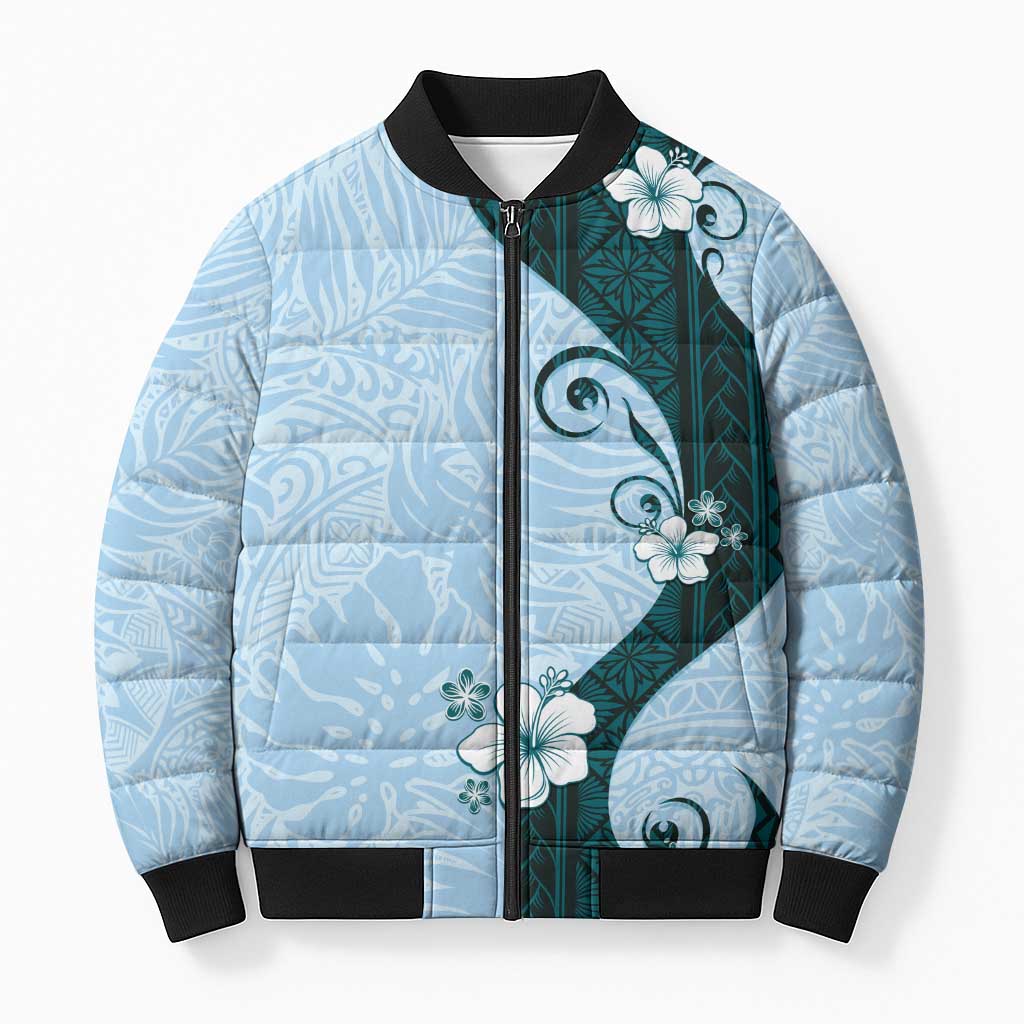 Polynesia Hibiscus Bomber Puffer Jacket Sky Blue Curve Motif LT05 Unisex Blue - Polynesian Pride