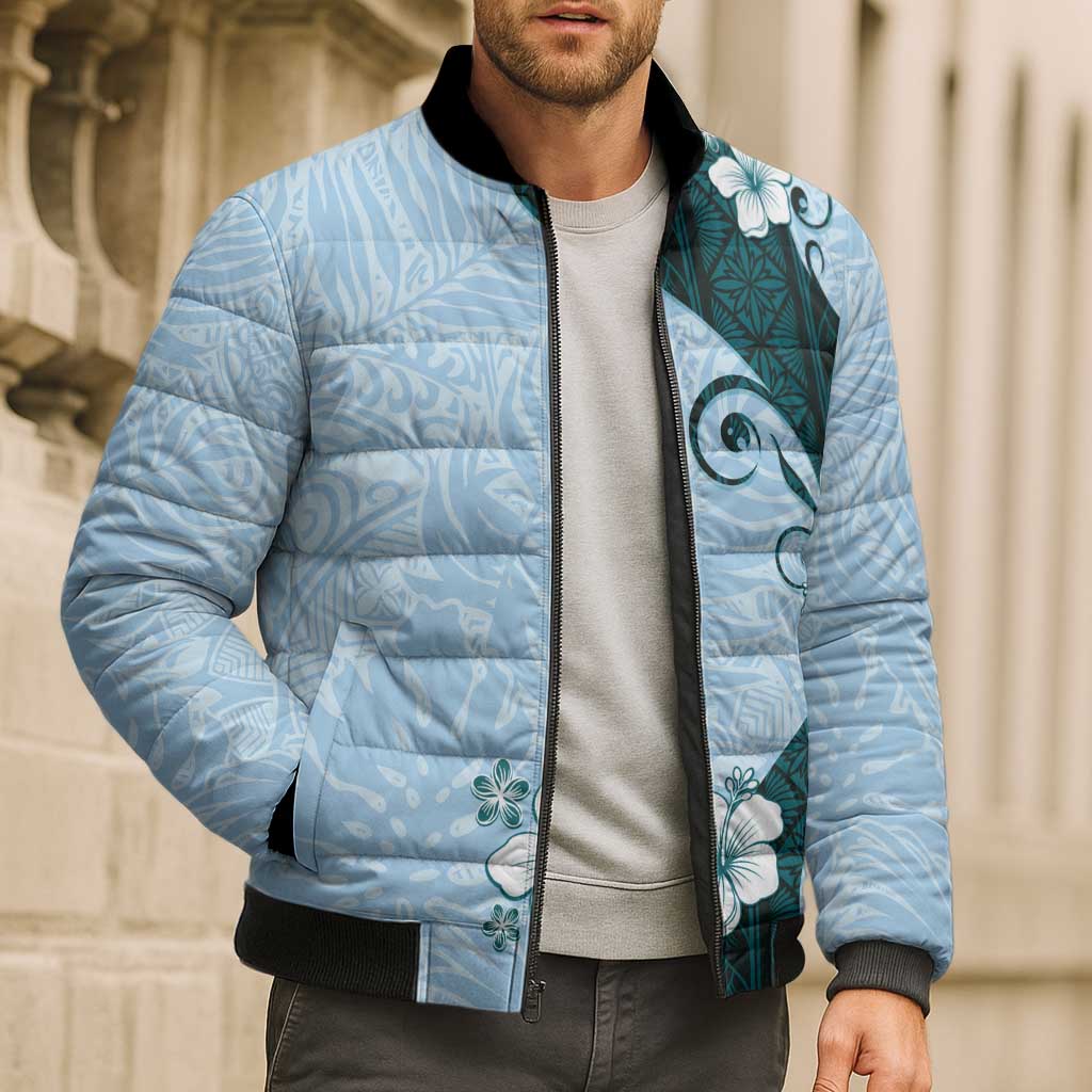 Polynesia Hibiscus Bomber Puffer Jacket Sky Blue Curve Motif LT05 - Polynesian Pride