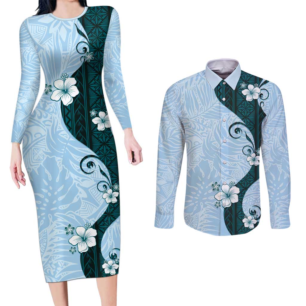 Polynesia Hibiscus Couples Matching Long Sleeve Bodycon Dress and Long Sleeve Button Shirt Sky Blue Curve Motif LT05 Blue - Polynesian Pride