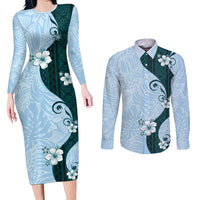 Polynesia Hibiscus Couples Matching Long Sleeve Bodycon Dress and Long Sleeve Button Shirt Sky Blue Curve Motif LT05 Blue - Polynesian Pride