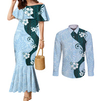 Polynesia Hibiscus Couples Matching Mermaid Dress and Long Sleeve Button Shirt Sky Blue Curve Motif - Polynesian Pride
