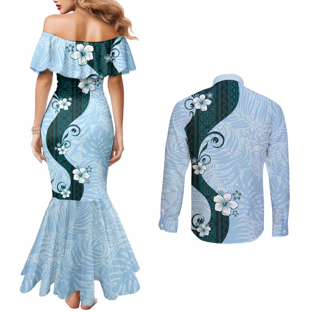 Polynesia Hibiscus Couples Matching Mermaid Dress and Long Sleeve Button Shirt Sky Blue Curve Motif - Polynesian Pride
