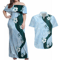 Polynesia Hibiscus Couples Matching Off Shoulder Maxi Dress and Hawaiian Shirt Sky Blue Curve Motif - Polynesian Pride