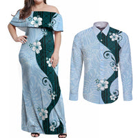 Polynesia Hibiscus Couples Matching Off Shoulder Maxi Dress and Long Sleeve Button Shirt Sky Blue Curve Motif LT05 Blue - Polynesian Pride