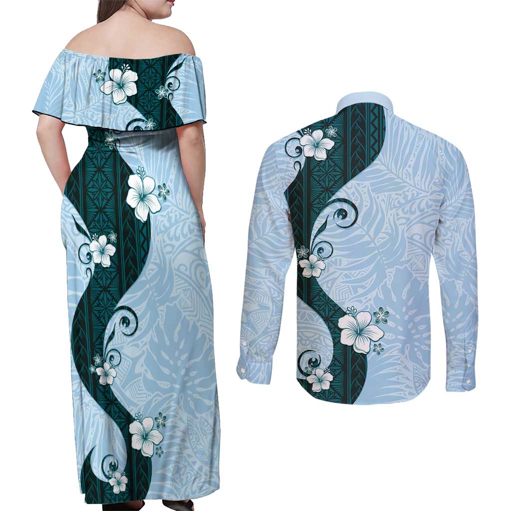 Polynesia Hibiscus Couples Matching Off Shoulder Maxi Dress and Long Sleeve Button Shirt Sky Blue Curve Motif LT05 - Polynesian Pride