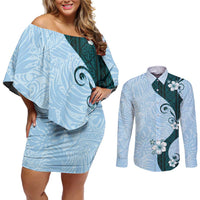 Polynesia Hibiscus Couples Matching Off Shoulder Short Dress and Long Sleeve Button Shirt Sky Blue Curve Motif LT05 Blue - Polynesian Pride