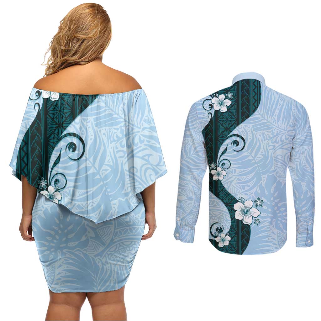 Polynesia Hibiscus Couples Matching Off Shoulder Short Dress and Long Sleeve Button Shirt Sky Blue Curve Motif LT05 - Polynesian Pride