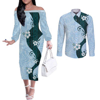 Polynesia Hibiscus Couples Matching Off The Shoulder Long Sleeve Dress and Long Sleeve Button Shirt Sky Blue Curve Motif LT05 Blue - Polynesian Pride