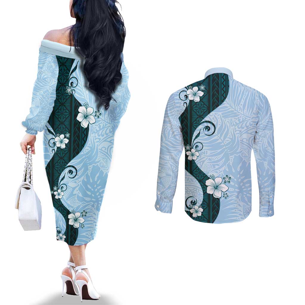 Polynesia Hibiscus Couples Matching Off The Shoulder Long Sleeve Dress and Long Sleeve Button Shirt Sky Blue Curve Motif LT05 - Polynesian Pride