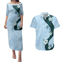 Polynesia Hibiscus Couples Matching Puletasi and Hawaiian Shirt Sky Blue Curve Motif - Polynesian Pride