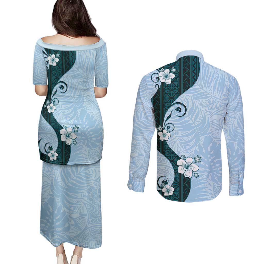 Polynesia Hibiscus Couples Matching Puletasi and Long Sleeve Button Shirt Sky Blue Curve Motif LT05 - Polynesian Pride