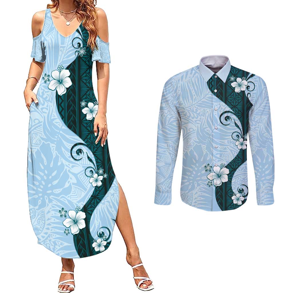 Polynesia Hibiscus Couples Matching Summer Maxi Dress and Long Sleeve Button Shirt Sky Blue Curve Motif LT05 Blue - Polynesian Pride