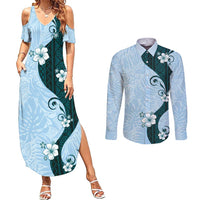 Polynesia Hibiscus Couples Matching Summer Maxi Dress and Long Sleeve Button Shirt Sky Blue Curve Motif LT05 Blue - Polynesian Pride