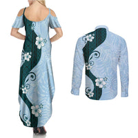 Polynesia Hibiscus Couples Matching Summer Maxi Dress and Long Sleeve Button Shirt Sky Blue Curve Motif LT05 - Polynesian Pride
