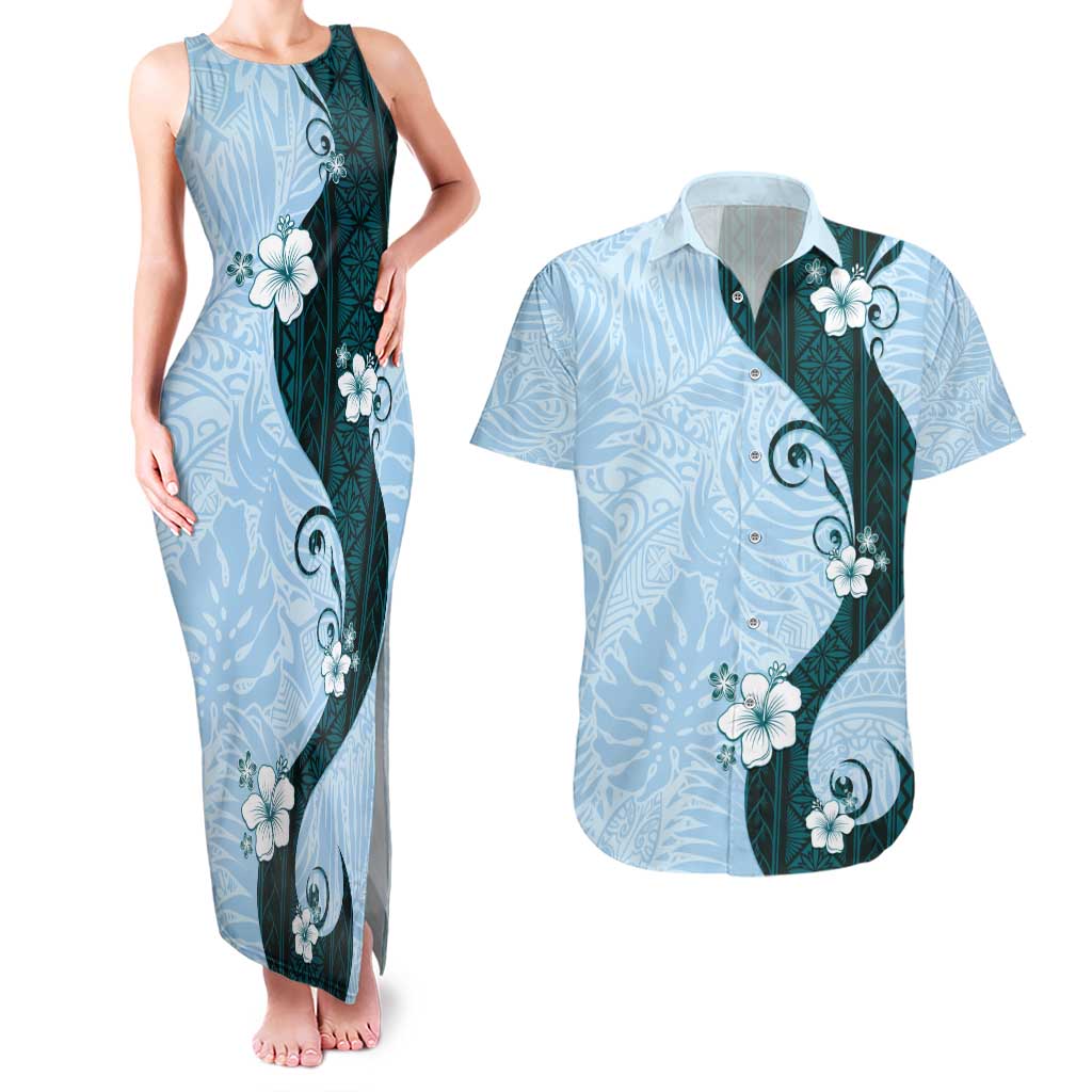 Polynesia Hibiscus Couples Matching Tank Maxi Dress and Hawaiian Shirt Sky Blue Curve Motif - Polynesian Pride