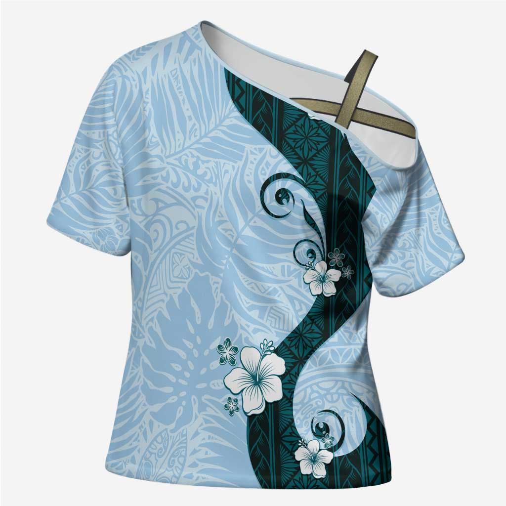 Polynesia Hibiscus Cross Shoulder Shirt Sky Blue Curve Motif LT05 Female Blue - Polynesian Pride