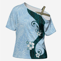 Polynesia Hibiscus Cross Shoulder Shirt Sky Blue Curve Motif LT05 Female Blue - Polynesian Pride