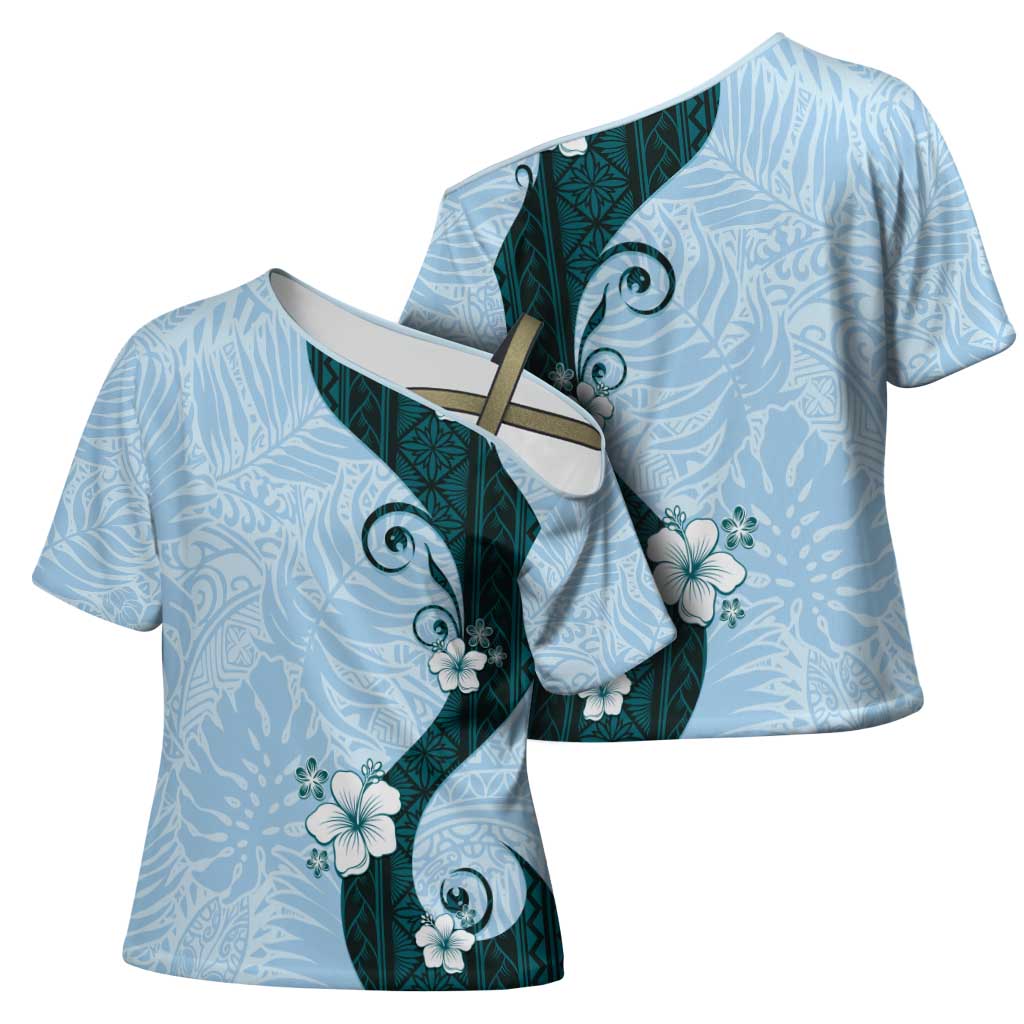 Polynesia Hibiscus Cross Shoulder Shirt Sky Blue Curve Motif LT05 - Polynesian Pride